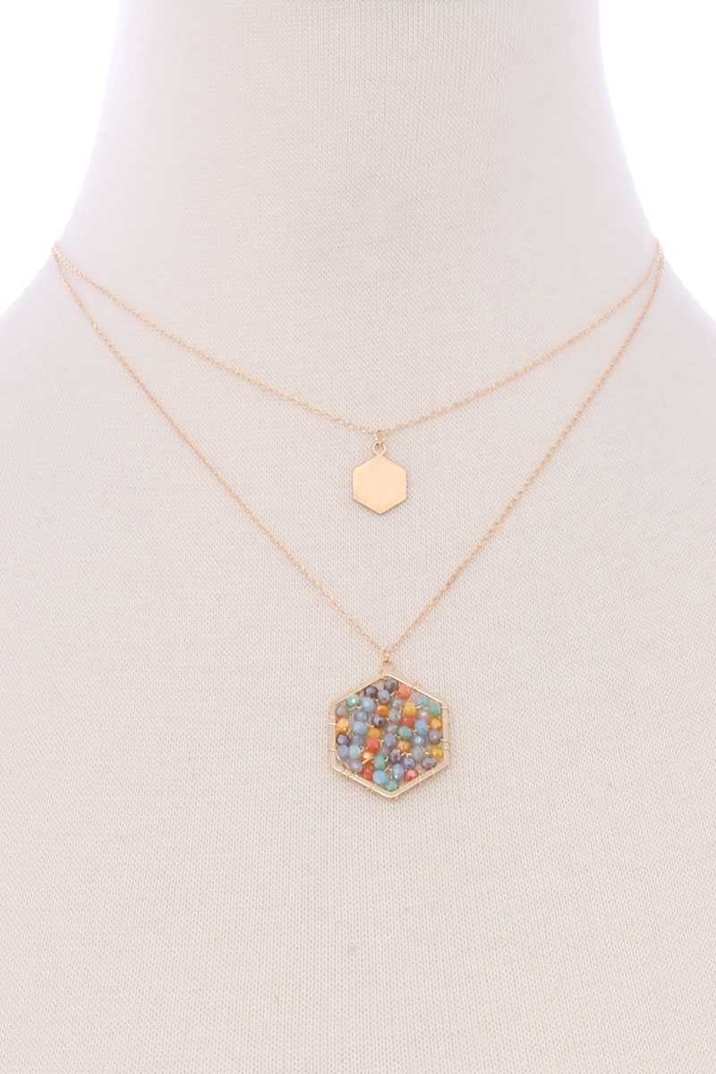 2 Layered Geometric Glass Bead Pendant Necklace - YuppyCollections