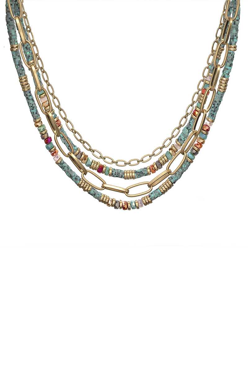 Fashion 4 Layered Metal Chain Stone Bead Necklace - YuppyCollections