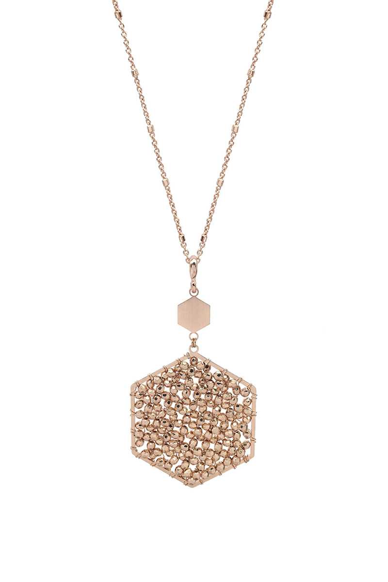 Fashion Glass Bead Hexagon Pendant Long Necklace - YuppyCollections