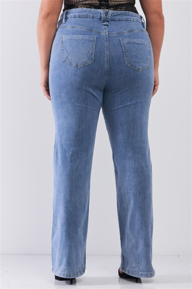 Plus Mid-wash Blue Denim Low-rise Wide-leg Upsized Basic Dad Jeans - YuppyCollections