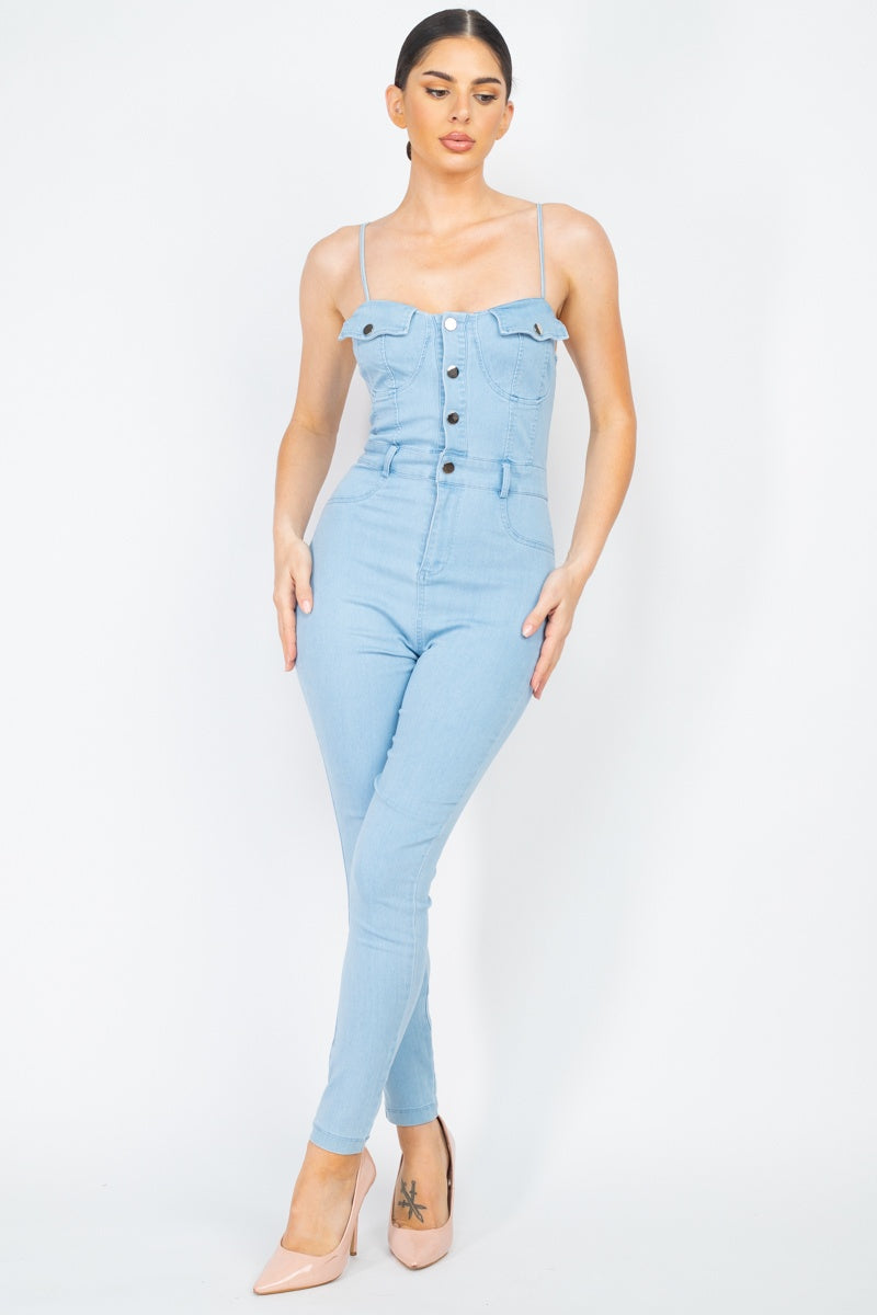 Adjustable Button-down Denim Jumpsuit - YuppyCollections