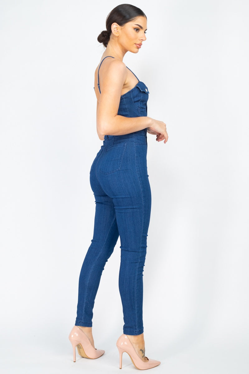 Adjustable Button-down Denim Jumpsuit - YuppyCollections