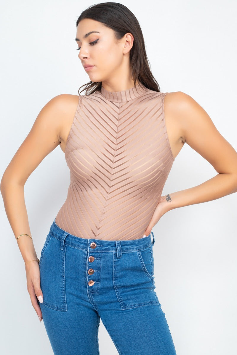 Stripe Mesh Mock Neck Bodysuit - YuppyCollections