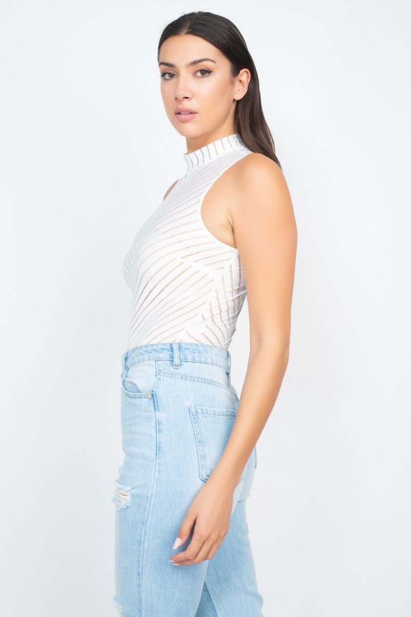 Stripe Mesh Mock Neck Bodysuit - YuppyCollections