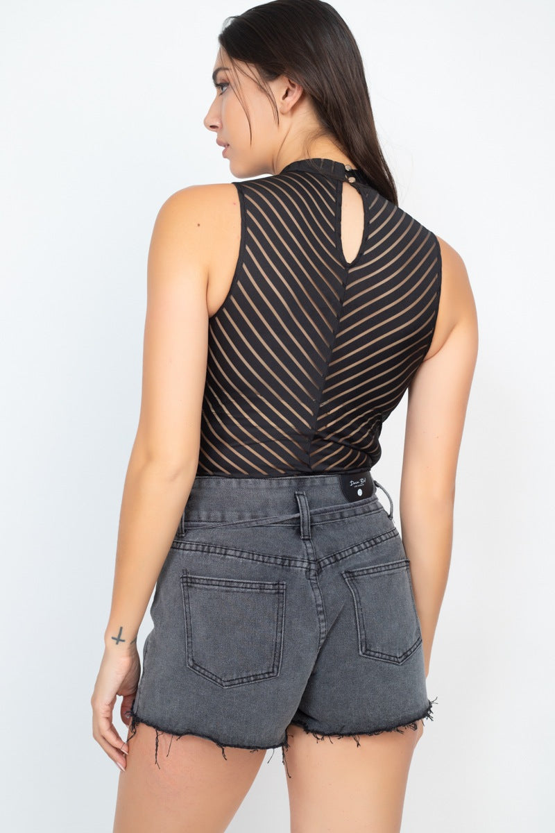 Stripe Mesh Mock Neck Bodysuit - YuppyCollections