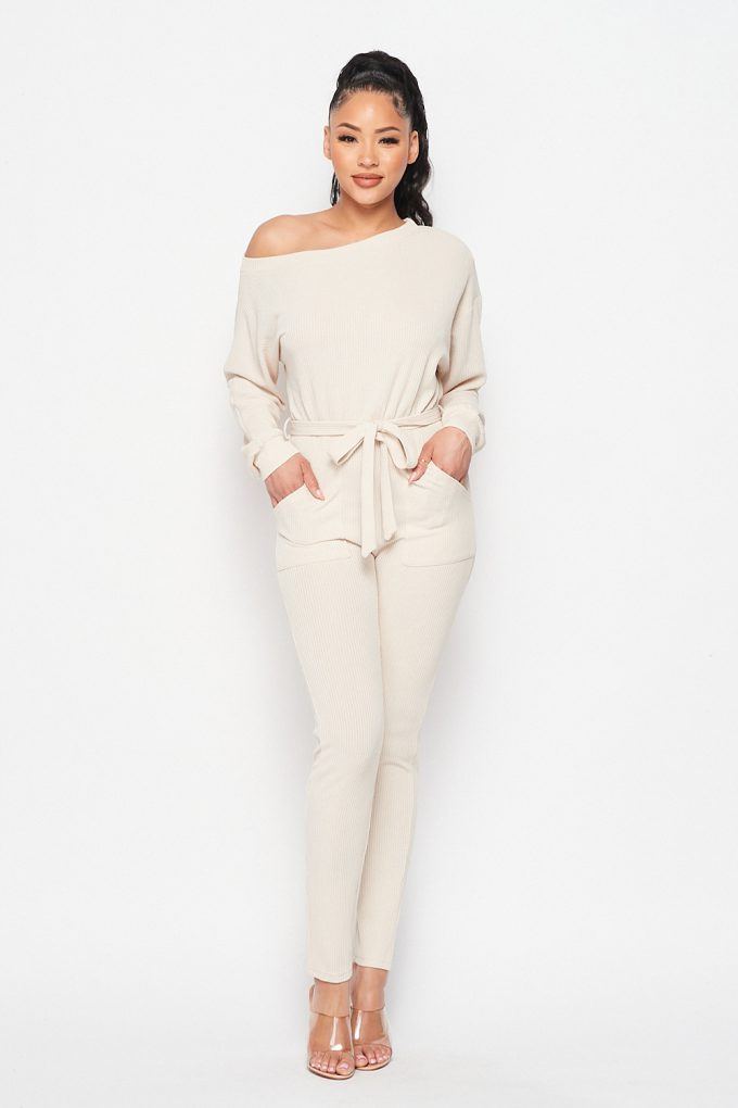 Off Shoulder Waist Tie Long Sleeve Jumpsuit - YuppyCollections