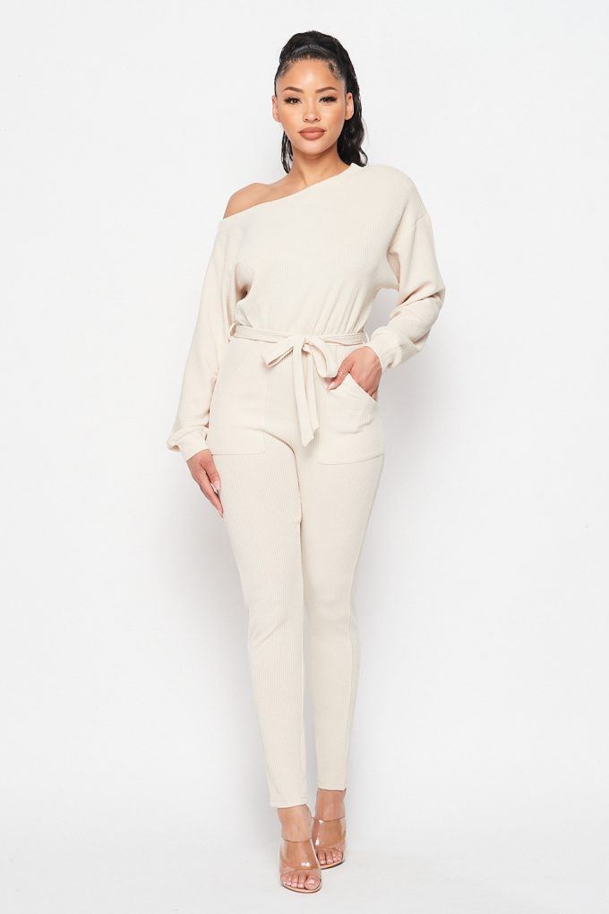 Off Shoulder Waist Tie Long Sleeve Jumpsuit - YuppyCollections