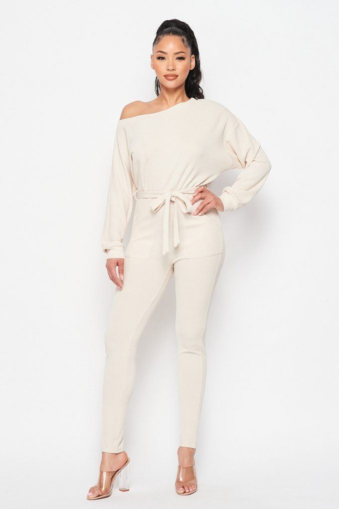 Off Shoulder Waist Tie Long Sleeve Jumpsuit - YuppyCollections