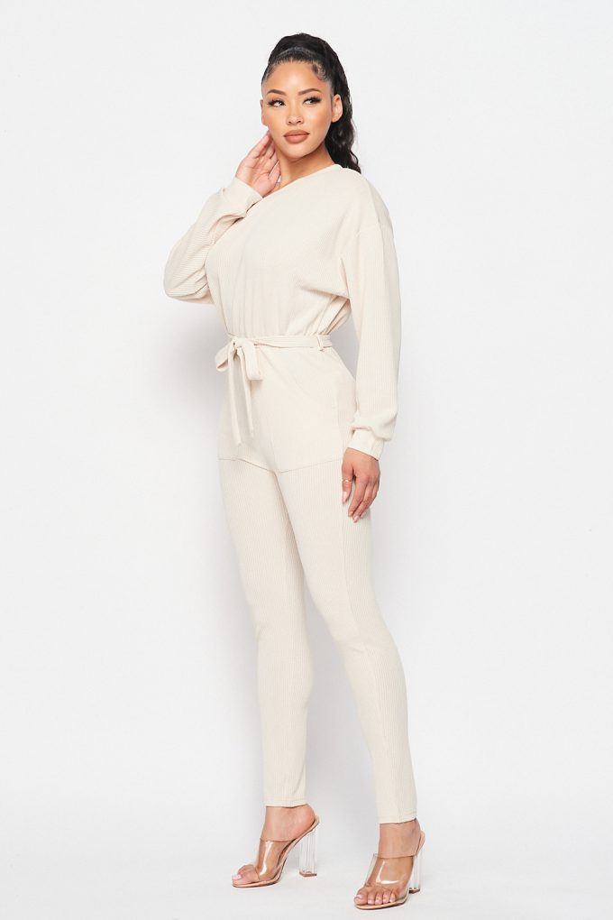 Off Shoulder Waist Tie Long Sleeve Jumpsuit - YuppyCollections