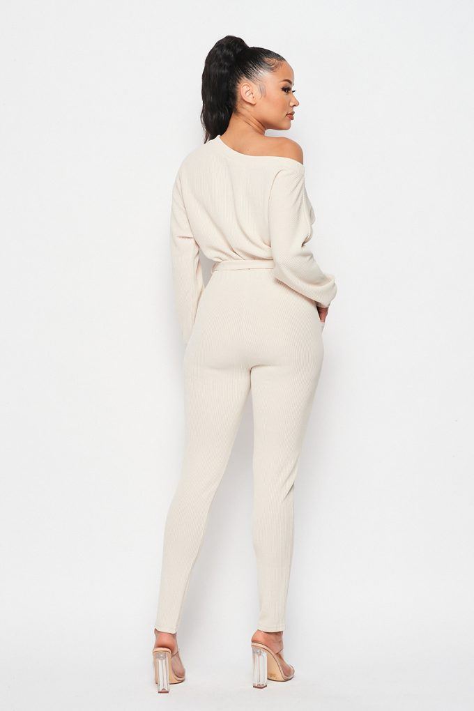 Off Shoulder Waist Tie Long Sleeve Jumpsuit - YuppyCollections