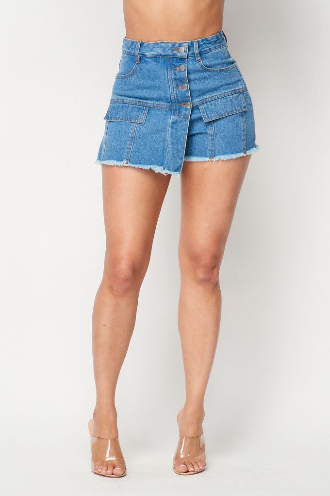 High Waisted Layered Denim Shorts With Pockets - YuppyCollections