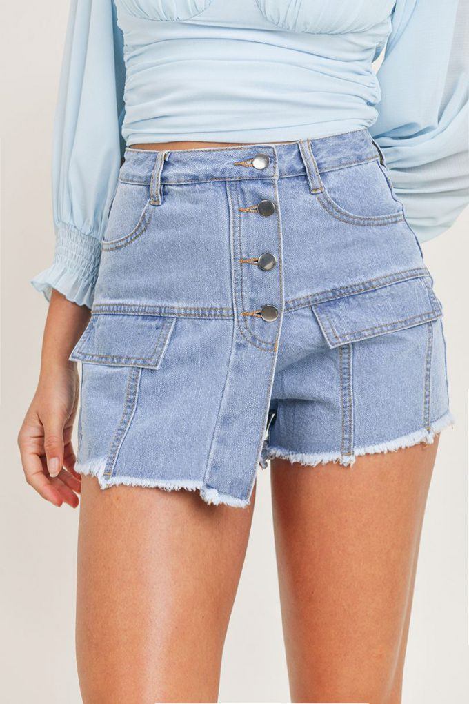 High Waisted Layered Denim Shorts With Pockets - YuppyCollections