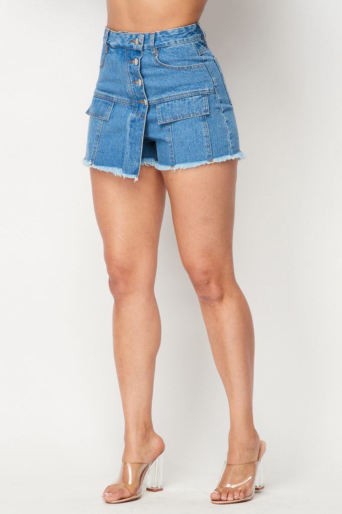 High Waisted Layered Denim Shorts With Pockets - YuppyCollections