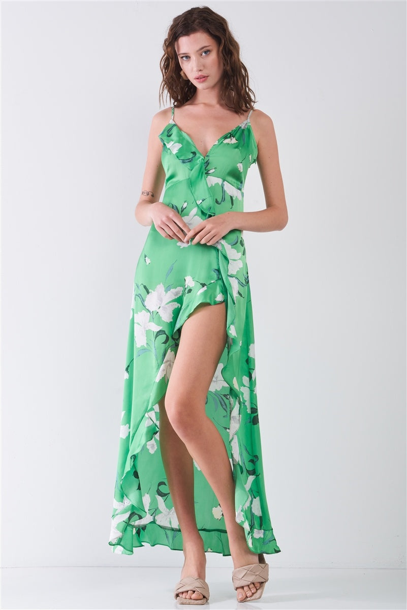 Satin Floral Print Sleeveless V-neck Self-tie Back Ruffle Trim Side Slit Detail Maxi Dress - YuppyCollections