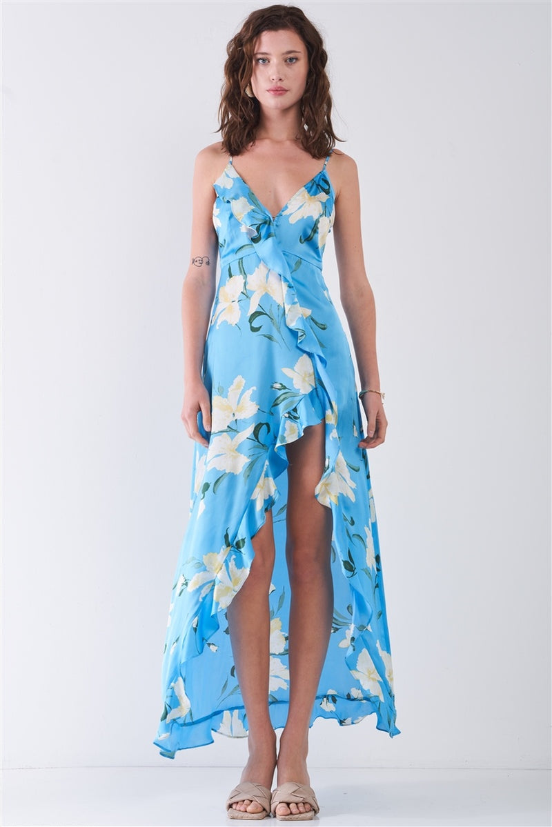 Satin Floral Print Sleeveless V-neck Self-tie Back Ruffle Trim Side Slit Detail Maxi Dress - YuppyCollections