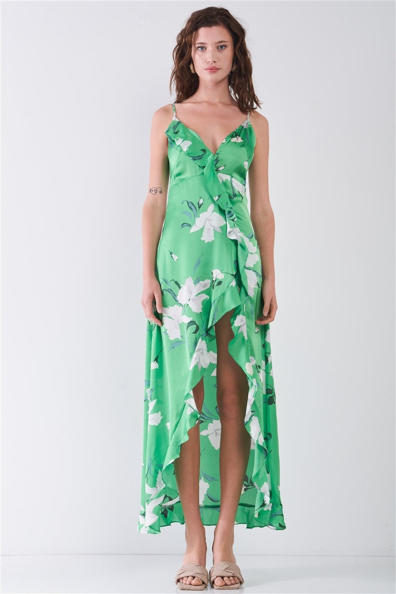 Satin Floral Print Sleeveless V-neck Self-tie Back Ruffle Trim Side Slit Detail Maxi Dress - YuppyCollections