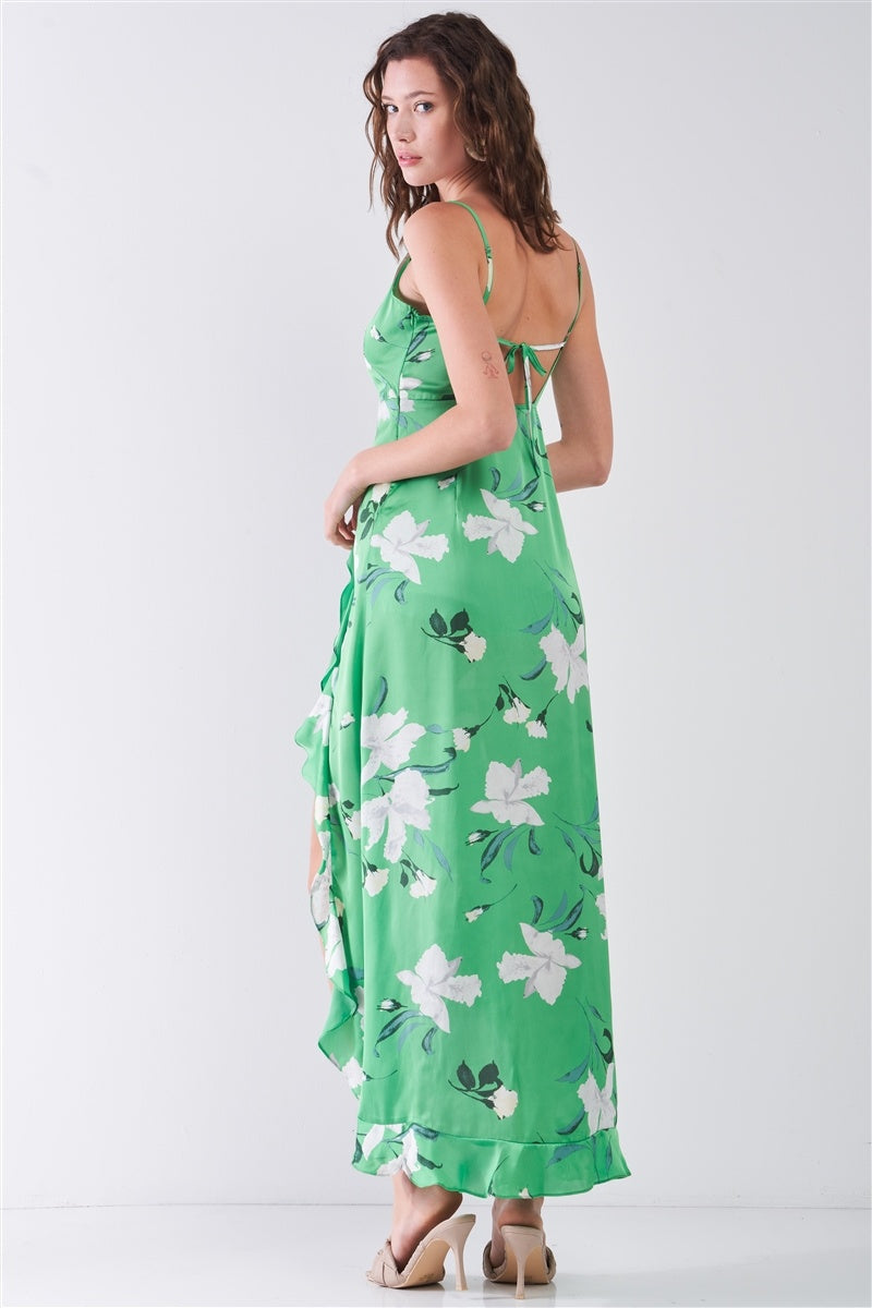 Satin Floral Print Sleeveless V-neck Self-tie Back Ruffle Trim Side Slit Detail Maxi Dress - YuppyCollections