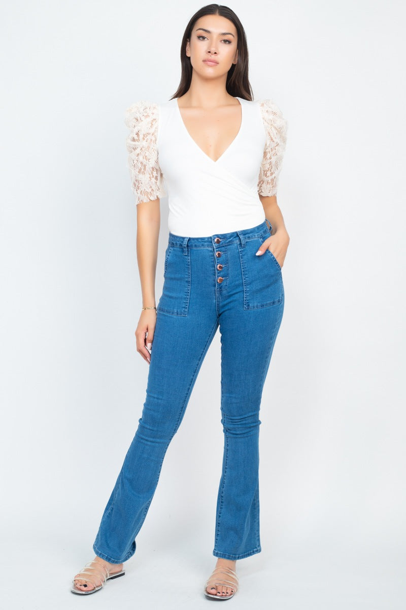 Lace-trim Puff Sleeves Bodysuit - YuppyCollections