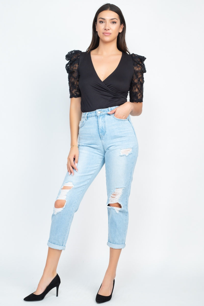 Lace-trim Puff Sleeves Bodysuit - YuppyCollections