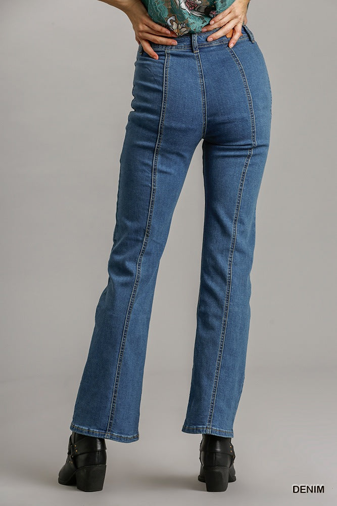 Panel Straight Cut Denim Jeans With Pockets - YuppyCollections