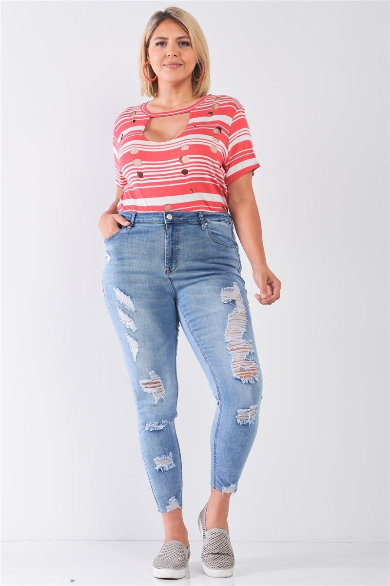 Plus Size Denim Mid-rise Raw Hem Detail Ripped Skinny Jean Pants - YuppyCollections