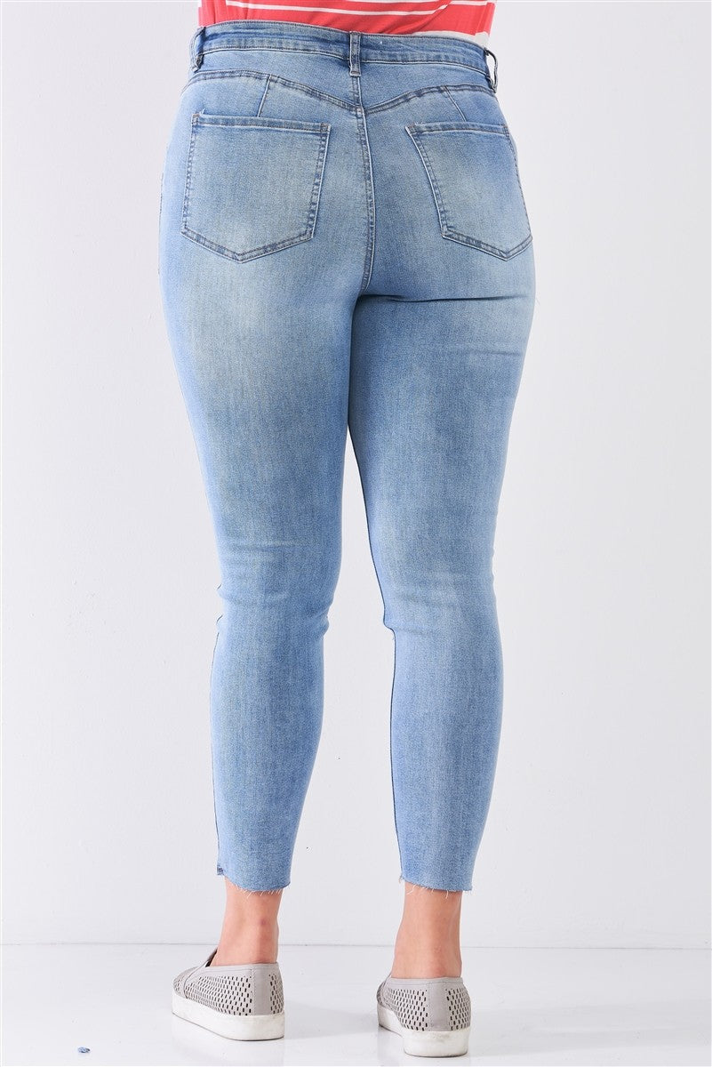 Plus Size Denim Mid-rise Raw Hem Detail Ripped Skinny Jean Pants - YuppyCollections