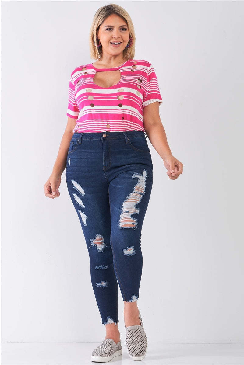 Plus Size Denim Mid-rise Raw Hem Detail Ripped Skinny Jean Pants - YuppyCollections