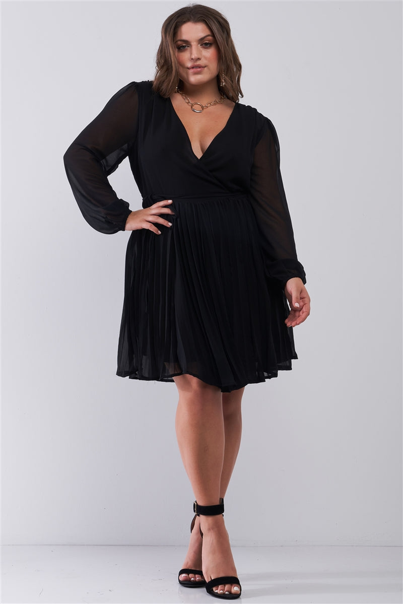 Plus Wrap Deep V-neck Long Puff Sleeve With Elasticated Cuff Pleated Mini Dress - YuppyCollections