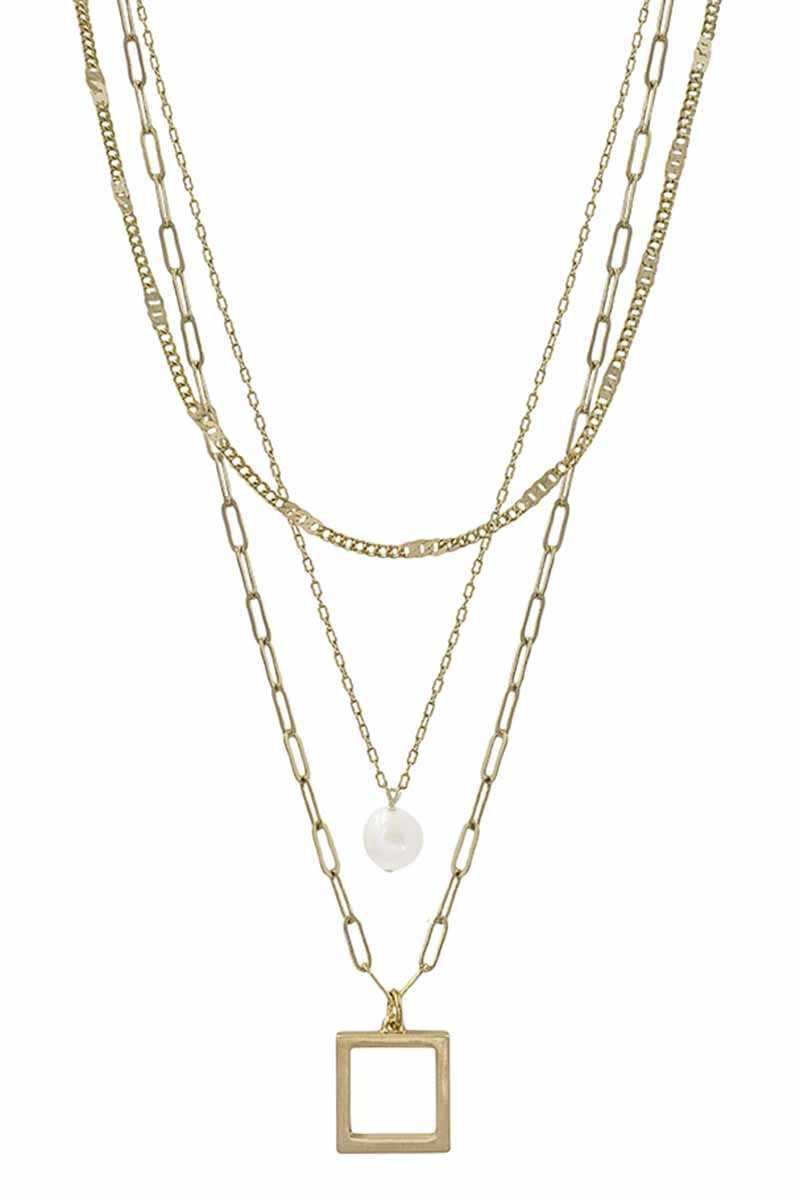 3 Layered Metal Chain Square & Pearl Pendant Necklace - YuppyCollections