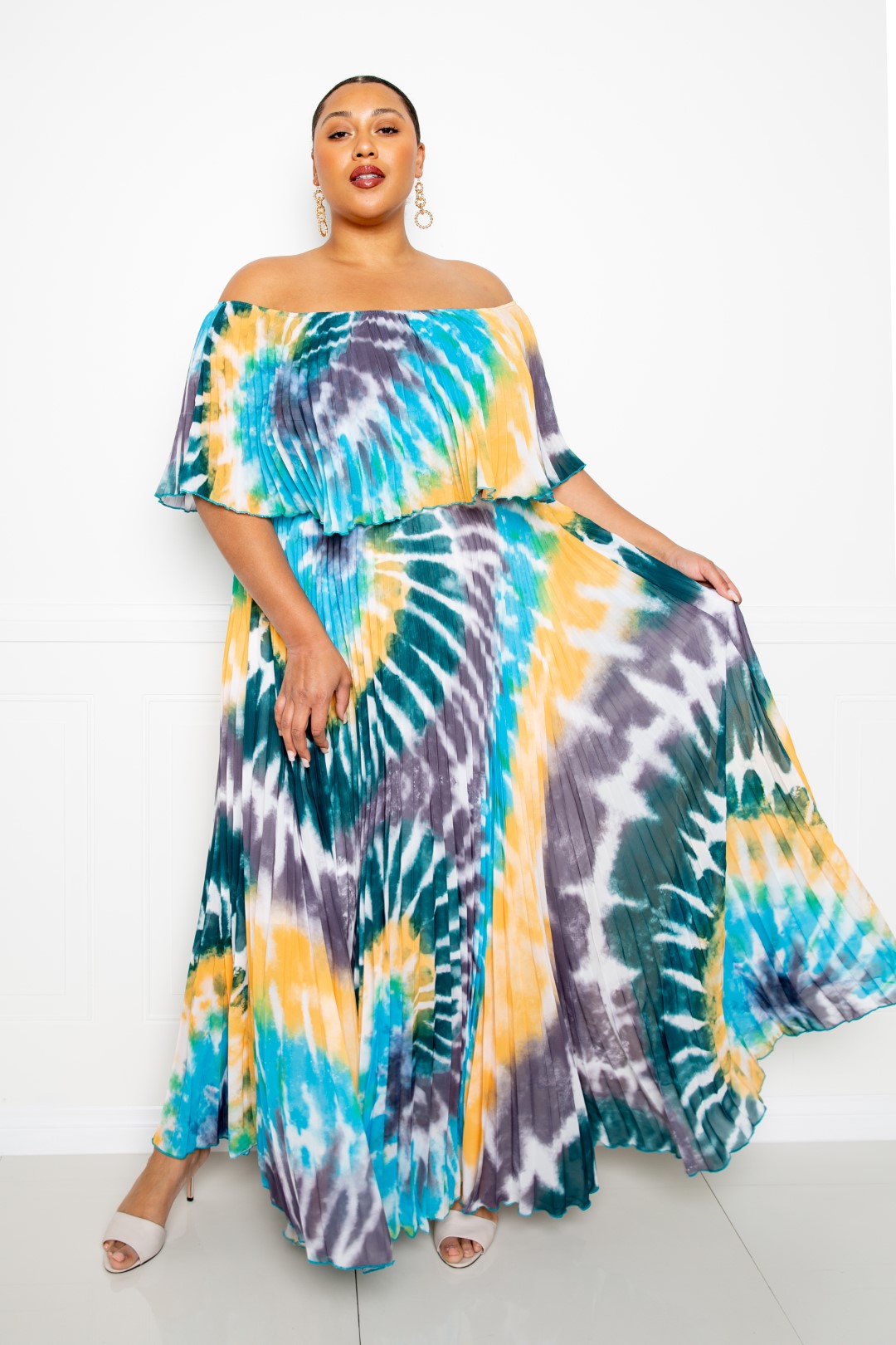 Tie Dye Off Shoulder Pleated Maxi Dress - YuppyCollections