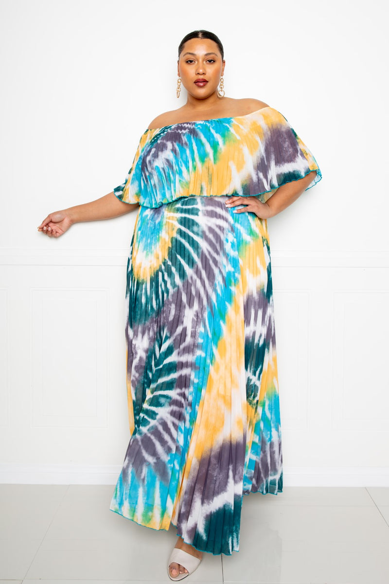 Tie Dye Off Shoulder Pleated Maxi Dress - YuppyCollections