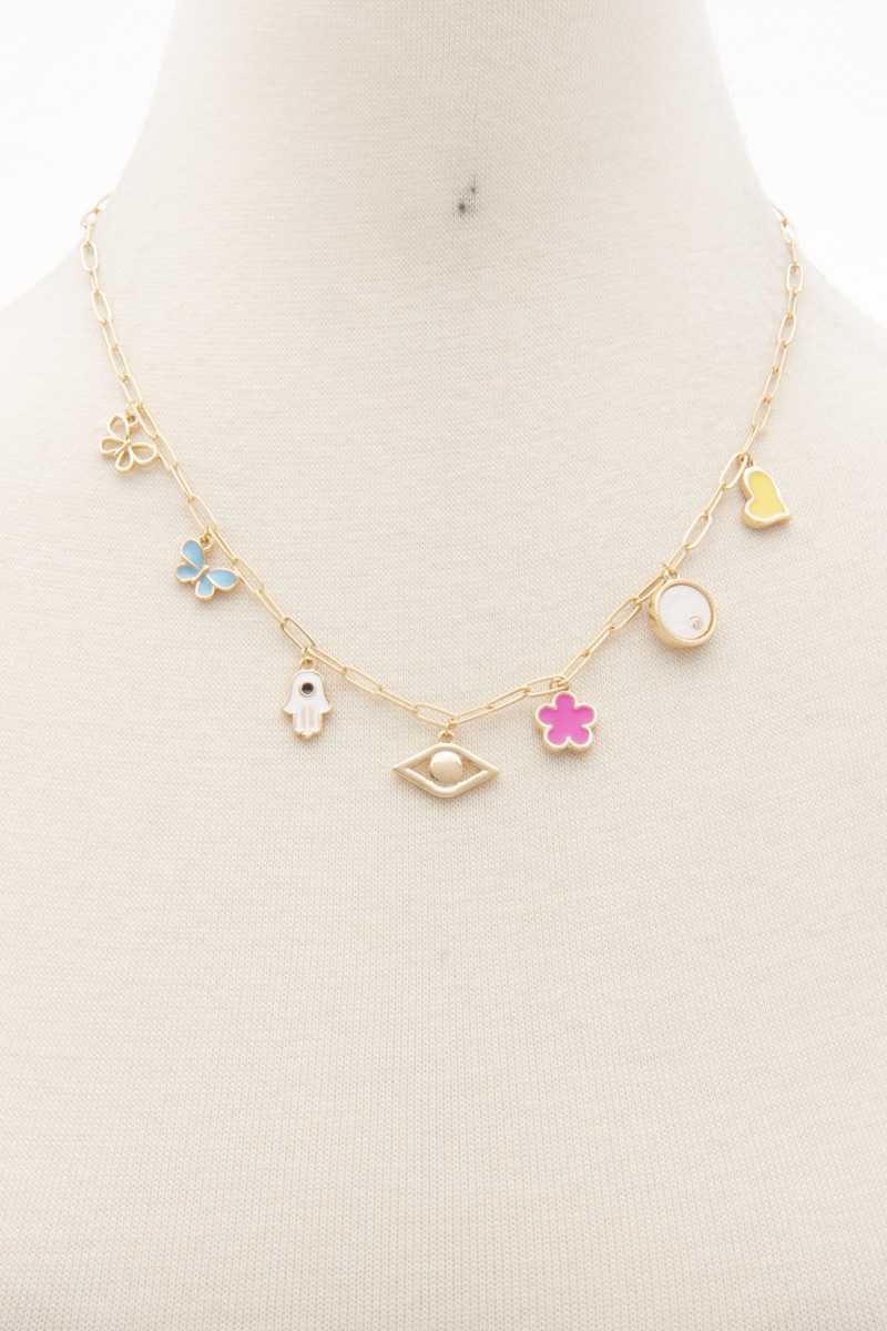 Butterfly Flower Eye Charm Station Necklace - YuppyCollections