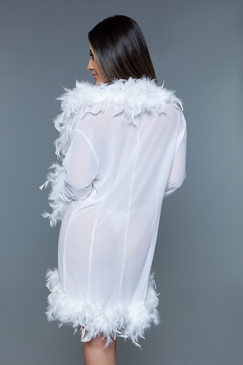 Sheer Short Length Robe With Chandelle Boa Feather Trim - YuppyCollections