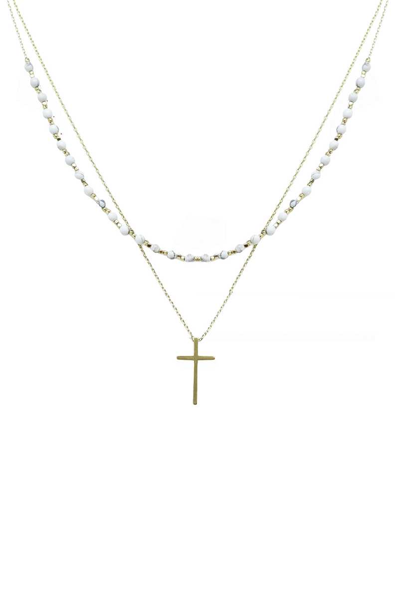 2 Layered Metal Chain Seed Bead Cross Pendant Necklace - YuppyCollections