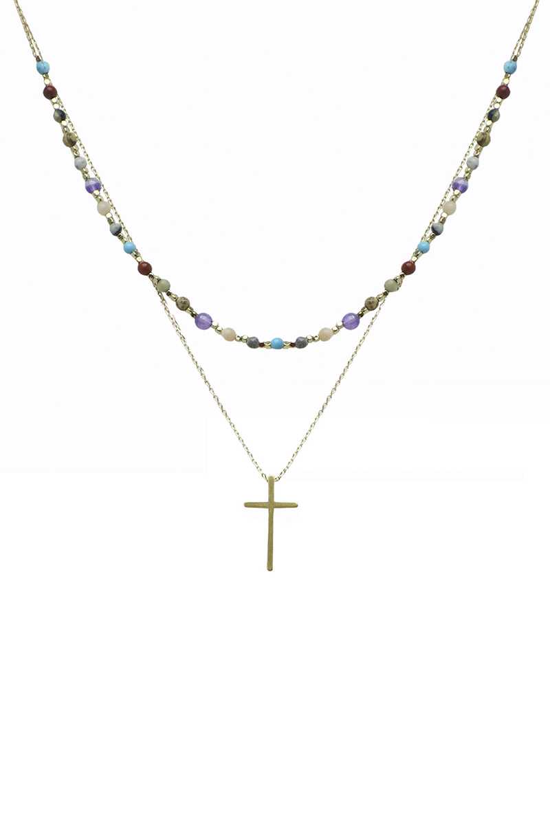 2 Layered Metal Chain Seed Bead Cross Pendant Necklace - YuppyCollections