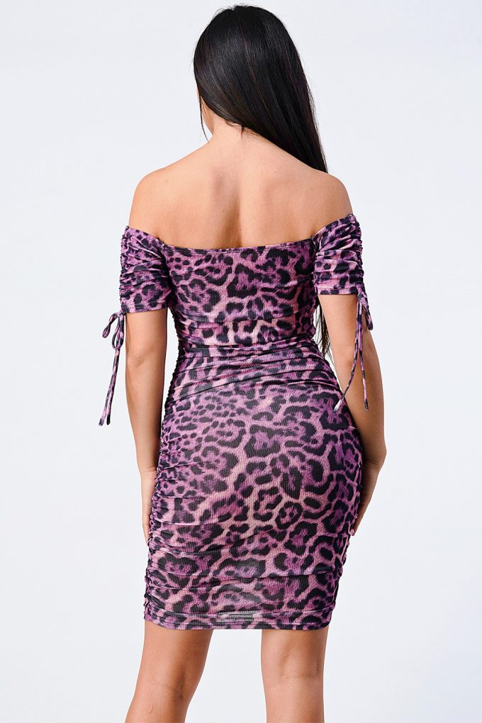 Leopard Print Off Shoulder Shirring Bodycon Dress - YuppyCollections