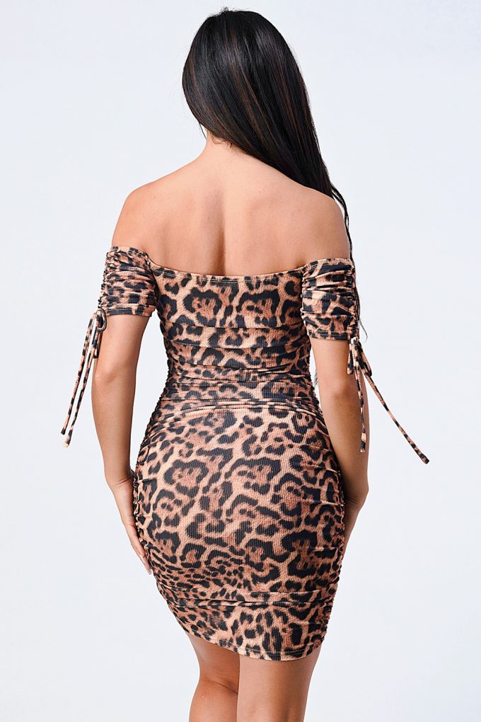 Leopard Print Off Shoulder Shirring Bodycon Dress - YuppyCollections