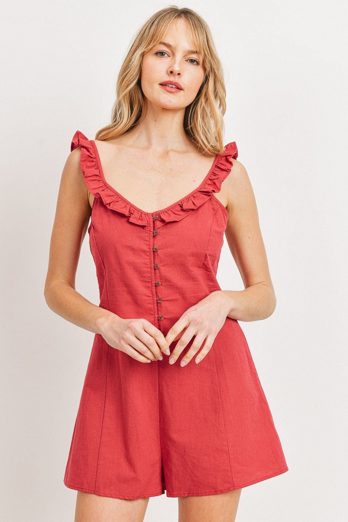 Buttoned Ruffled Strap Rompers - YuppyCollections