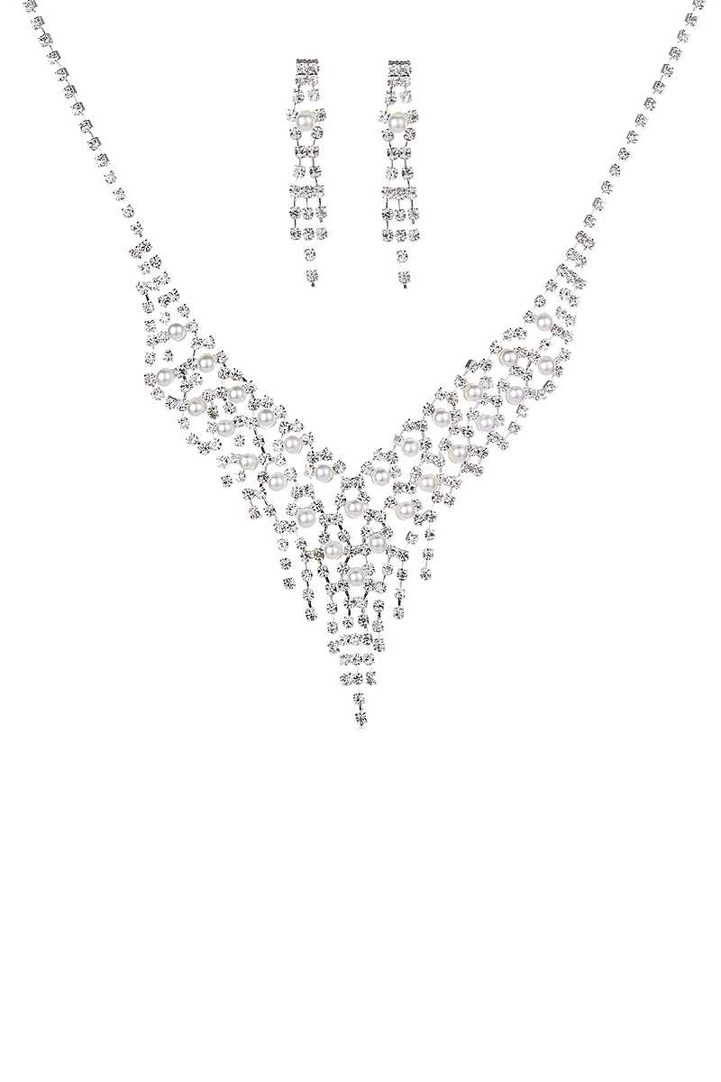 Rhinestone Pearl Bead Necklace And Earring Set - YuppyCollections