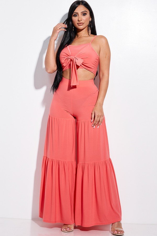 Solid Tie Front Spaghetti Strap Tank Top And Tiered Wide Leg Pants Two Piece Set - YuppyCollections