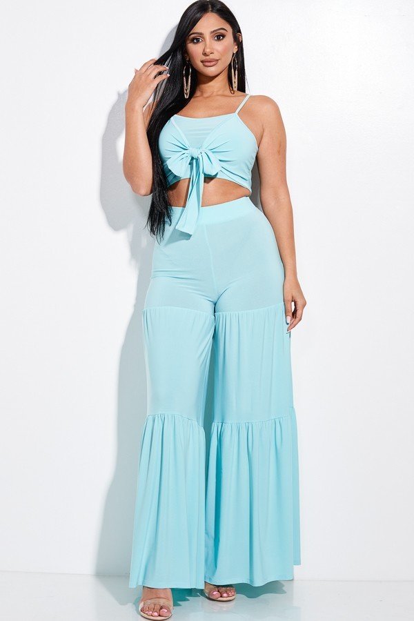 Solid Tie Front Spaghetti Strap Tank Top And Tiered Wide Leg Pants Two Piece Set - YuppyCollections