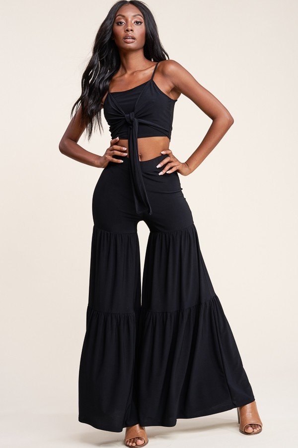 Solid Tie Front Spaghetti Strap Tank Top And Tiered Wide Leg Pants Two Piece Set - YuppyCollections