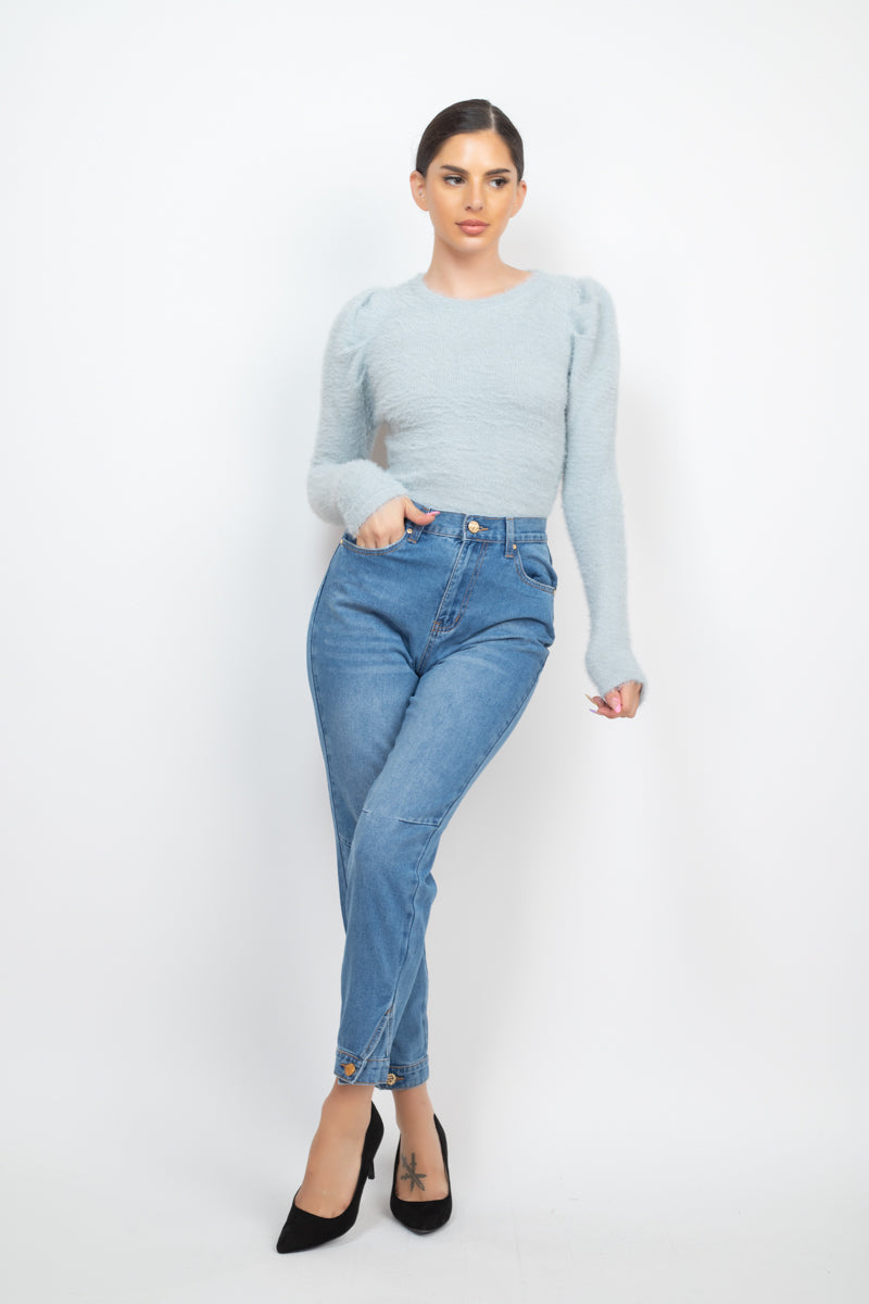 Cuffed-button Mom Jeans - YuppyCollections