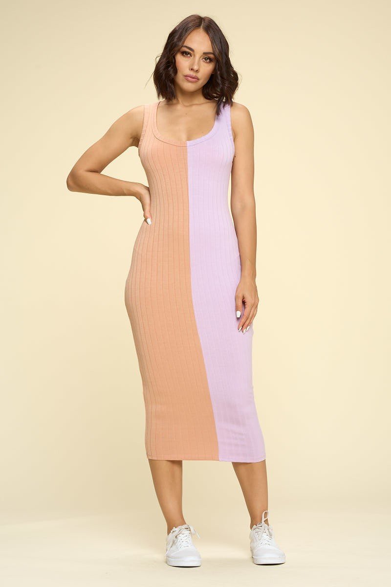 Casual Two-tone Midi Dress, Scoop Neck, Sleeveless - YuppyCollections