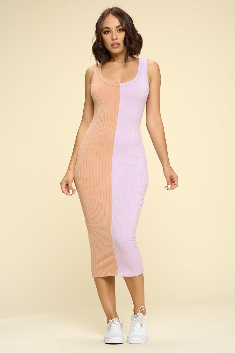 Casual Two-tone Midi Dress, Scoop Neck, Sleeveless - YuppyCollections