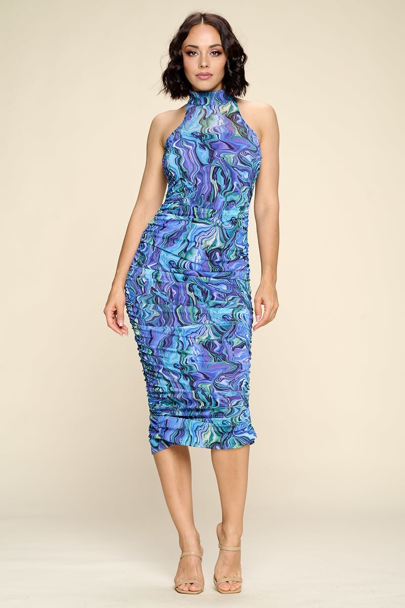 Multi-color Marble Print Midi Dress, Ruched, Small Slit - YuppyCollections