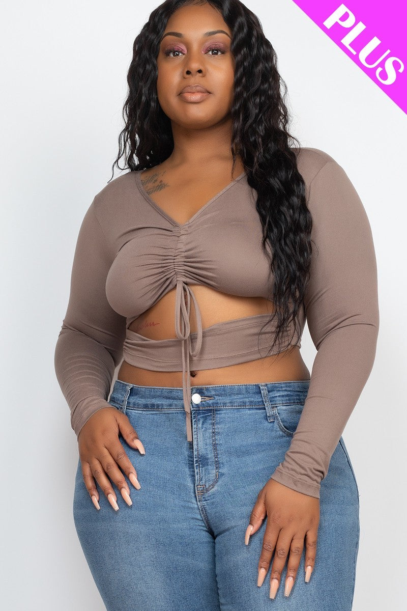 Plus Size Drawstring Ruched Cutout Crop Top - YuppyCollections