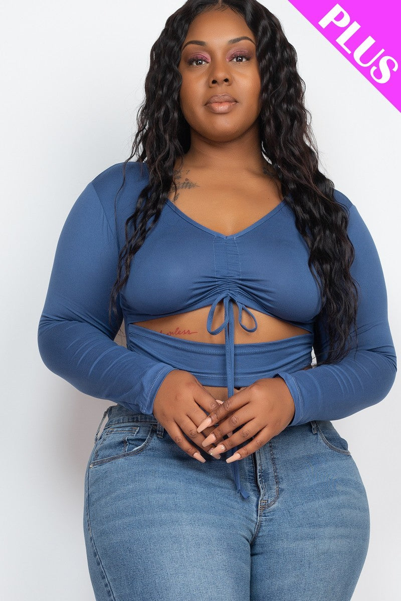 Plus Size Drawstring Ruched Cutout Crop Top - YuppyCollections