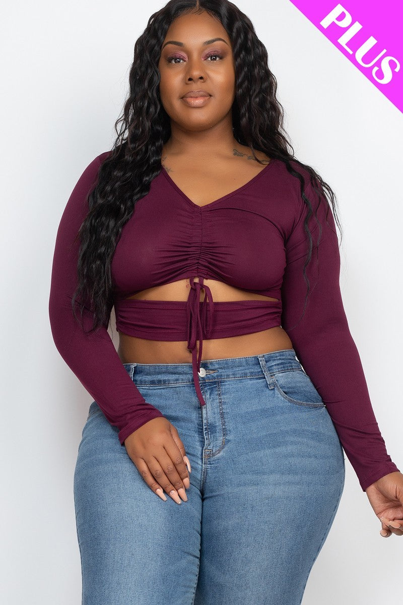 Plus Size Drawstring Ruched Cutout Crop Top - YuppyCollections