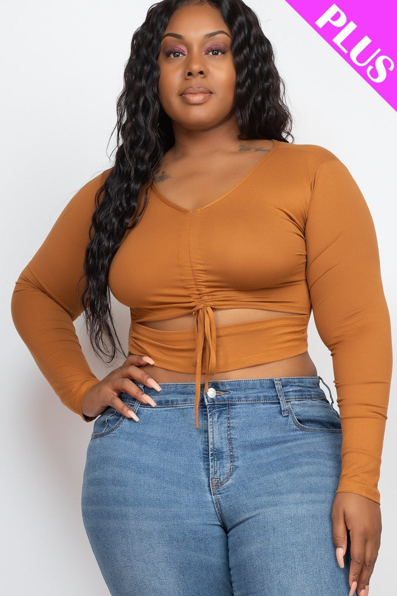 Plus Size Drawstring Ruched Cutout Crop Top - YuppyCollections